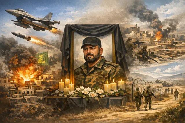 Illustrated editorial scene showing Middle East tensions involving southern Lebanon, the US-Iran ceasefire deadline and Strait of Hormuz shipping