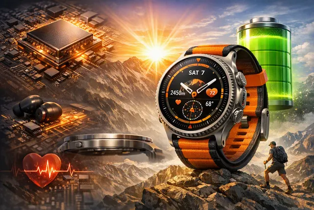 Samsung Galaxy Watch Ultra 2 product rendering on a wrist, showcasing its titanium case and Super AMOLED display