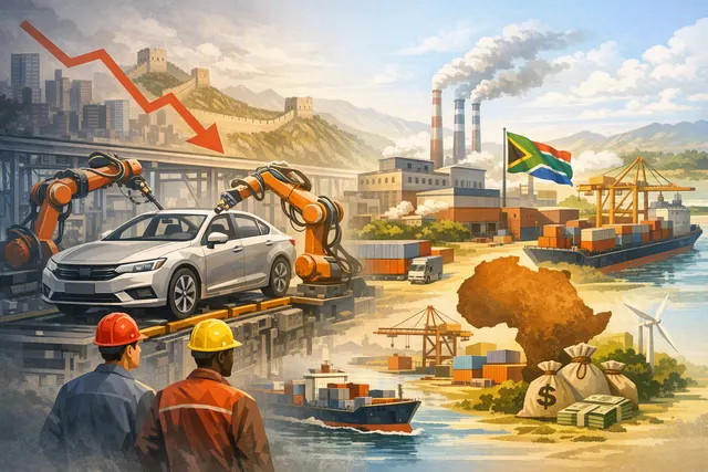 AI-generated image representing Chinese automakers' factory expansion into Africa, featuring a modern assembly line in an African industrial setting.