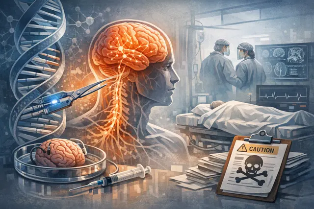 Conceptual illustration of a DNA double helix inside a human brain silhouette, representing gene-editing therapies targeting the central nervous system.