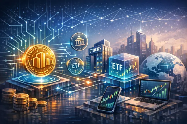 Conceptual illustration of tokenized stocks being traded through a digital wallet, with Ondo Finance and Exodus Movement logos visible on a futuristic trading interface.