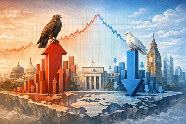 Editorial illustration of central bank interest rate charts and policy decisions, with a split vote visual representing hawkish dissent at the Federal Reserve and Bank of England.