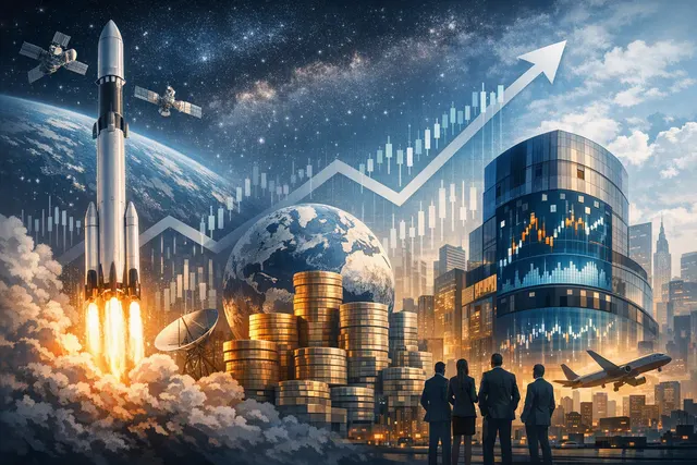 Editorial illustration of a SpaceX rocket launching beside rising stock-market data and Nasdaq-themed financial charts