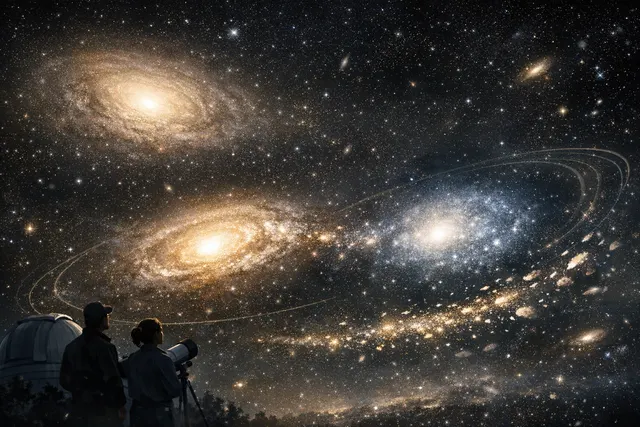 Artist’s impression of two ultra-diffuse dark-matter–deficient galaxies, FCC 224 and FCC 240, in the Fornax Cluster, surrounded by luminous globular clusters and remnants of a high