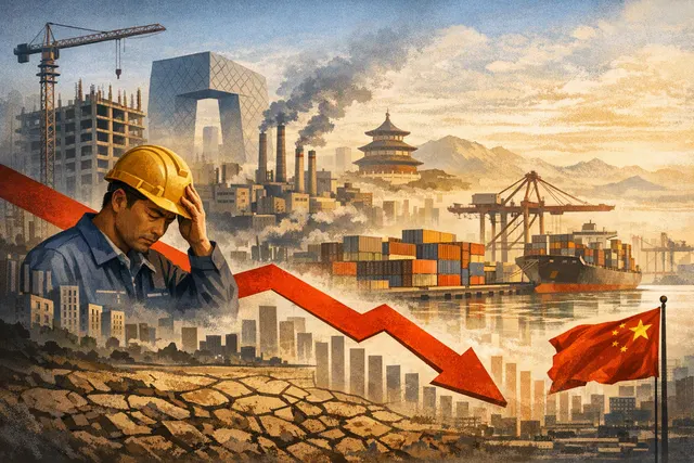 Editorial illustration of China’s economy balancing weak domestic demand against strong technology exports