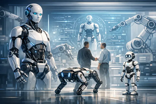 Concept art of a humanoid robot in a futuristic industrial factory setting, representing Bosch's push into humanoid robotics