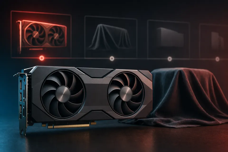Stylized desktop graphics card representing AMD Radeon RX 9050 rumors and a thin 2026 GPU roadmap