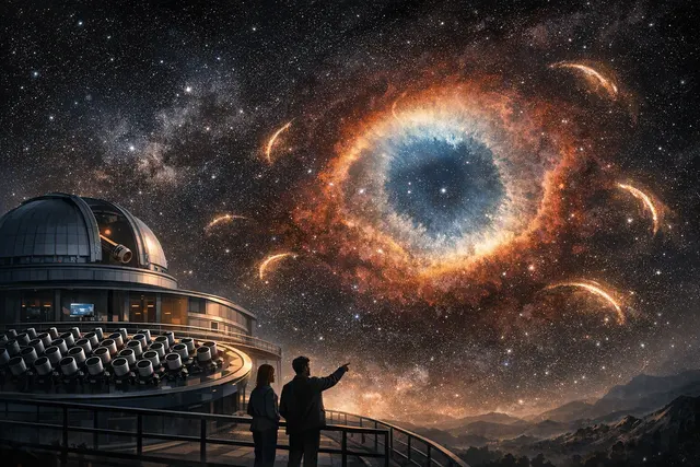 AI-generated image depicting 22 bow shocks in the outer halo of the Helix Nebula, showing fragments of stellar debris being broken apart and recycled into space.