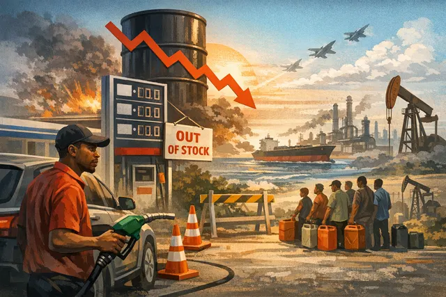 Fuel pump nozzle with a red warning symbol, illustrating the delay in fuel price reductions despite falling crude oil costs