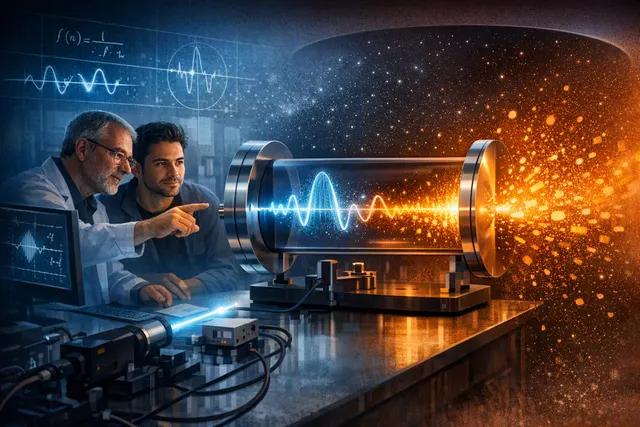 Conceptual illustration of a laser-driven atom inside a two-mirror optical cavity, with coherent light separated from noisy quantum fluctuations