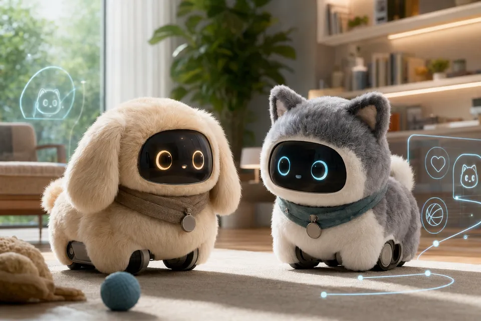 Illustration of SwitchBot KATA Friends AI robotic pets Noa and Niko