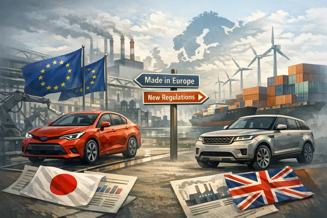 European Union flag alongside automotive factory assembly lines, representing the tension between the EU's 'Made in Europe' Industrial Accelerator Act and global automakers.
