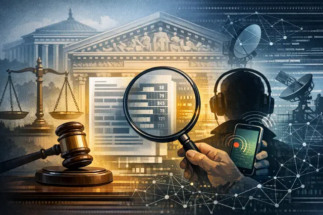 Abstract digital illustration of data points and surveillance symbols representing government spyware wiretap disclosures