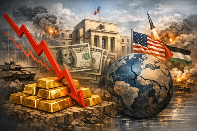 Declining gold price chart against a backdrop of central bank buildings and geopolitical conflict symbols, illustrating the 2026 gold bear market driven by rate hikes and the Iran