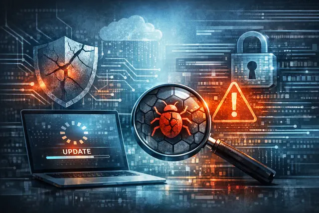 Abstract cybersecurity visualization representing Microsoft's August 2026 Patch Tuesday, with layered shield icons, binary code, and calendar elements symbolizing the ~400 vulnerab