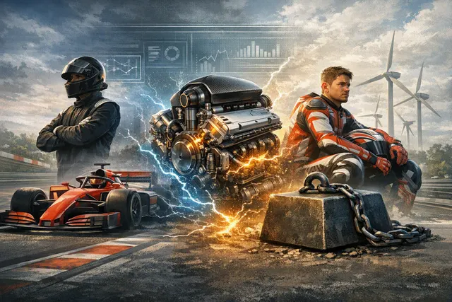 AI-generated image representing the controversial 2026 F1 power unit regulations, with themes of energy management and technology.