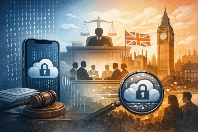 Conceptual image of a lock and key representing iCloud encryption, legal documents, and the UK government, symbolizing the Apple vs UK encryption battle.