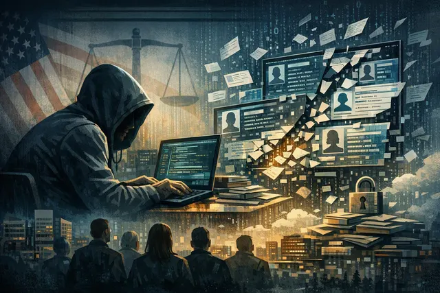 Abstract digital artwork representing a cyberattack with binary code, locks, and glowing data streams symbolizing the Snowflake data breach.