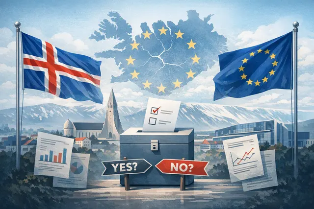 Icelandic flag waving in front of the Althingi parliament building in Reykjavik, representing the upcoming EU referendum