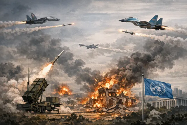 AI-generated illustration of a nighttime aerial barrage with explosions and searchlights over a city skyline, representing the intensified Russia-Ukraine air war in August 2026.