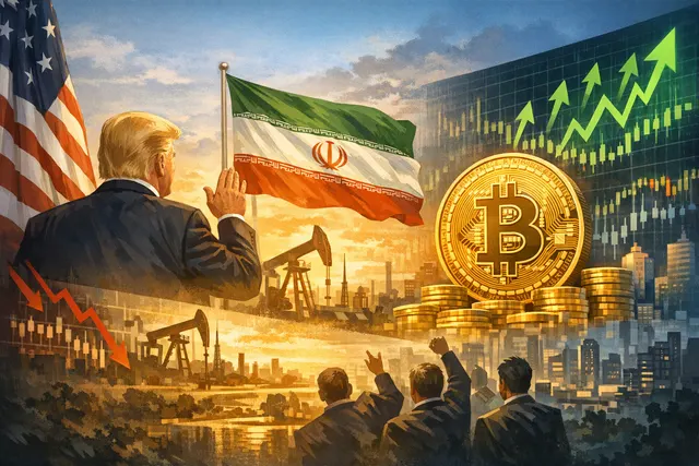 Editorial image symbolizing the intersection of geopolitics and cryptocurrency markets, depicting a digital Bitcoin coin on a map of the Middle East with rising market graph lines.