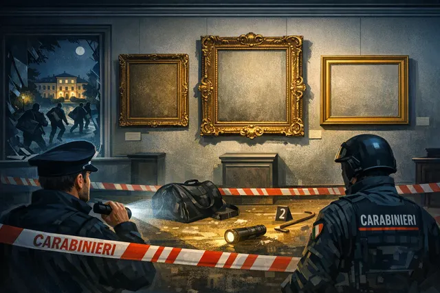 Editorial hero image depicting a dramatic night-time museum heist scene with masked thieves and police lights for the article on the Magnani Rocca art theft