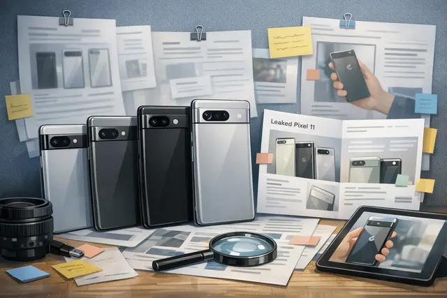 Leaked Pixel 11 marketing material showing the device lineup with Gemini Intelligence branding and new color options