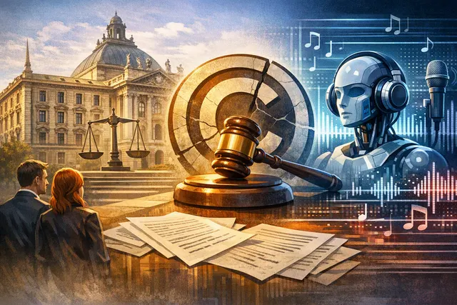 AI-generated editorial image illustrating the Munich Regional Court's copyright ruling against AI music startup Suno