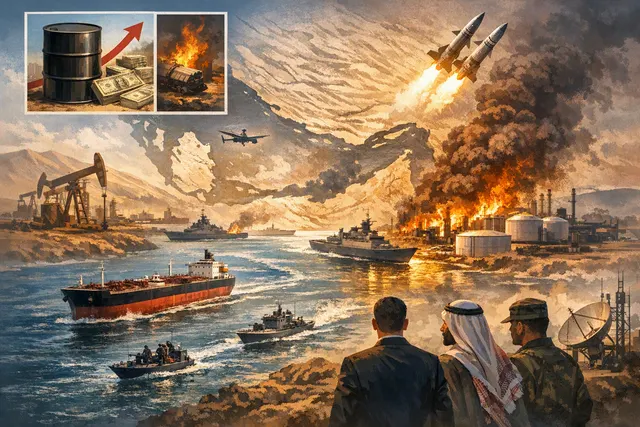 Aerial view of an oil tanker navigating through the Strait of Hormuz with dark smoke on the horizon, illustrating the ongoing energy crisis and naval blockade.