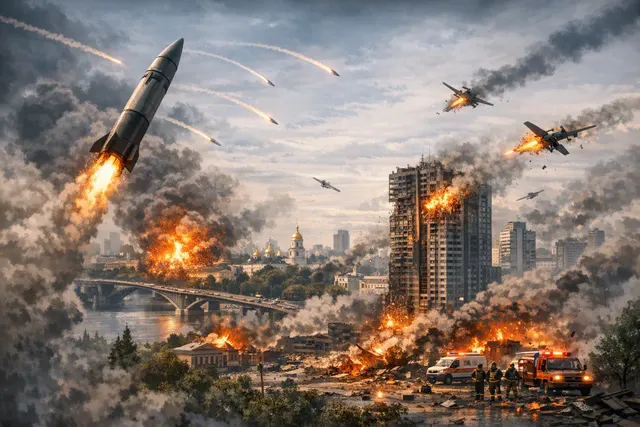 Aerial view of Kyiv after a heavy missile and drone attack on August 1, 2026, showing smoke rising over residential buildings in multiple city districts.
