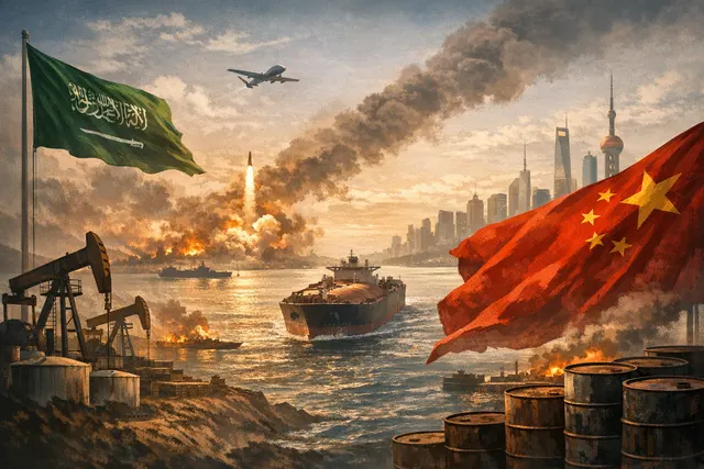 AI-generated editorial image depicting the decline of Saudi oil exports to China, illustrating a geopolitical energy crisis with oil tankers, conflict zones, and trade route chokep