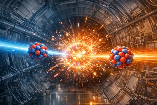 Conceptual illustration of oxygen and elongated neon nuclei colliding at the LHC and producing flowing quark–gluon plasma