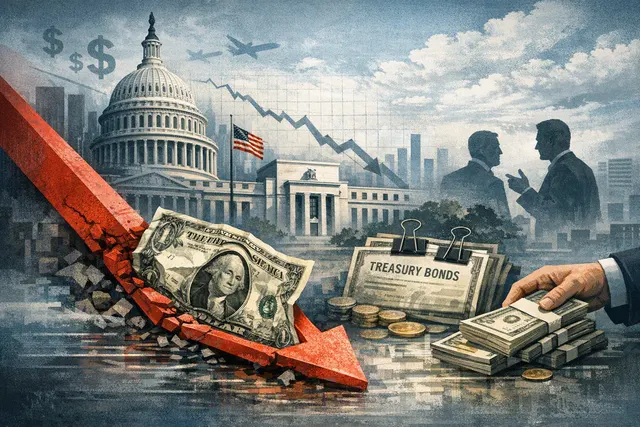 Editorial illustration of the U.S. dollar, Treasury bonds and falling long-term yields