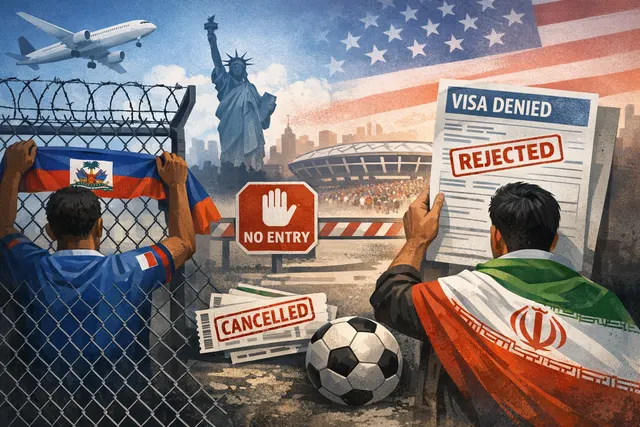 A split illustration of joyous Haitian football fans in blue and red on one side and resolute Iranian fans in green, white, and red on the other, separated by a border wall with st