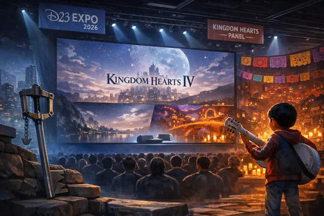 Kingdom Hearts 4 key art featuring Sora in the Coco world's Land of the Dead alongside a paper-thin King Mickey and other characters from the D23 2026 extended trailer.