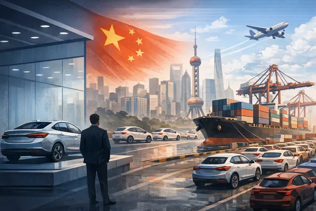Editorial illustration of Chevrolet’s China retail exit and GM’s shift to exports, with Buick and Cadillac continuing their electric-vehicle strategy