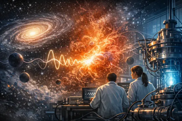 An artistic visualization of dark photons and nonlinear plasma dynamics in the early universe, illustrating the resonant conversion process studied in the 2025 paper.