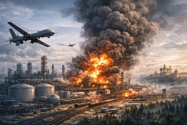 AI-generated visualization of the ZapSibNeftekhim petrochemical complex in Tobolsk, Russia, with smoke and fire rising from the site after a drone strike.