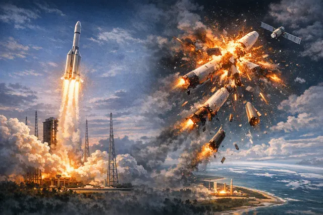 Editorial illustration of a Long March 7A rocket breaking apart in a fireball shortly after launch
