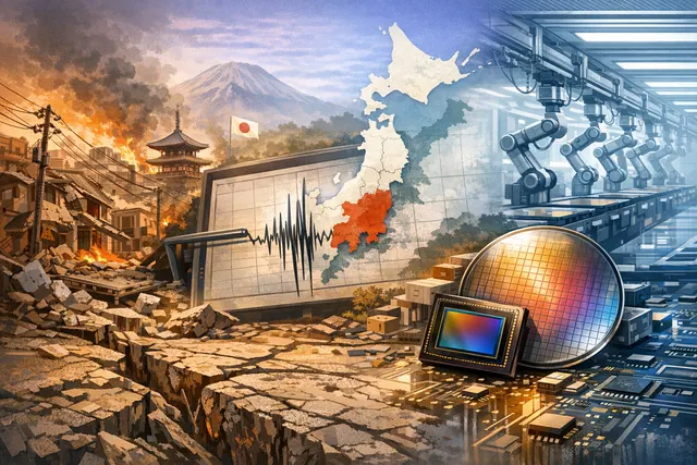 Editorial illustration of the July 28, 2026 Kumamoto earthquake impact on Japan's semiconductor hub