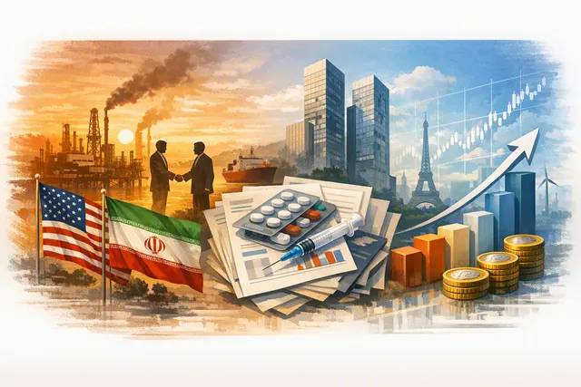 European stock market chart with upward trend line and flags of the EU, US, and Iran in the background