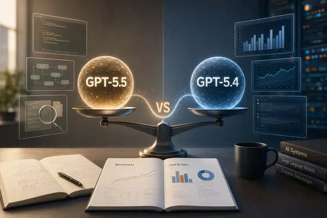 GPT-5.5와 GPT-5.4의 성능, 비용, 컨텍스트를 비교하는 추상적 AI 그래픽