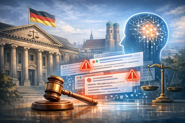 A gavel striking a digital interface with AI and search result icons, symbolizing the German court ruling holding Google liable for its AI Overviews.