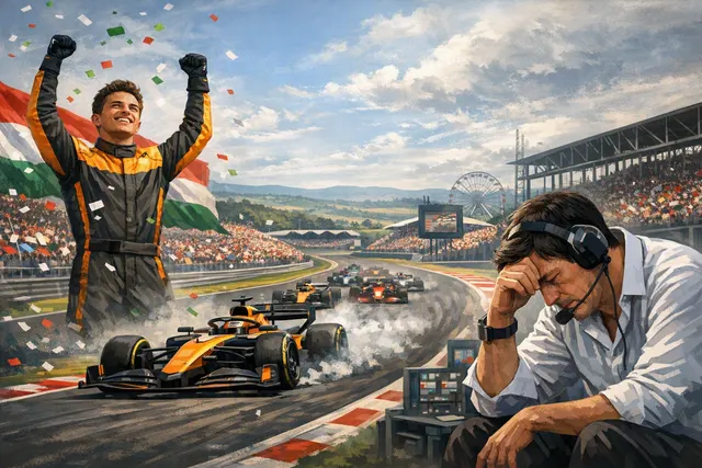 Editorial hero image for the 2026 Hungarian Grand Prix featuring Lando Norris's McLaren leading the field at the Hungaroring