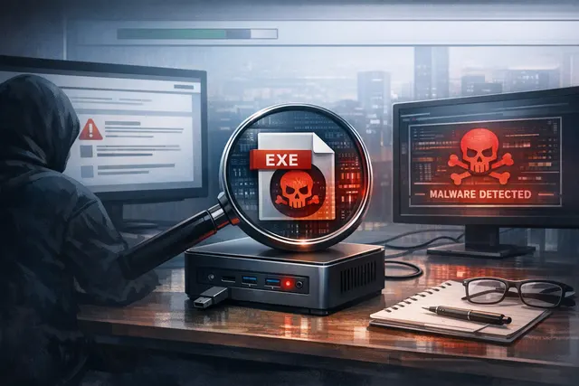 Illustration of a suspicious Geekom mini PC LAN driver installer flagged by malware scanners