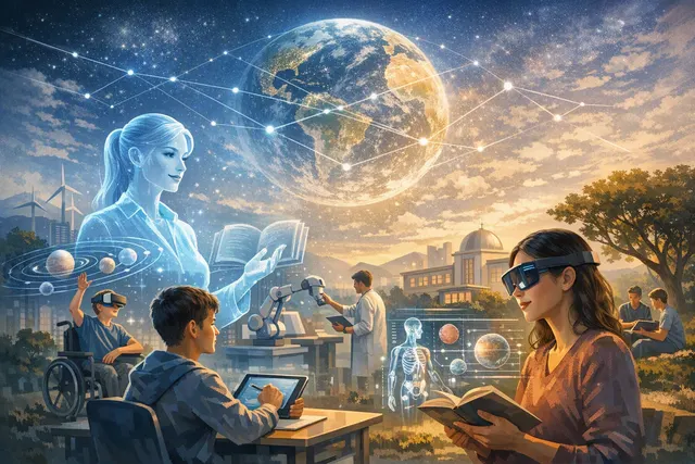 A conceptual illustration of Mark Zuckerberg presenting an AI manifesto, with icons representing AI tutors, AI lawyers, and public trust concerns in the background.