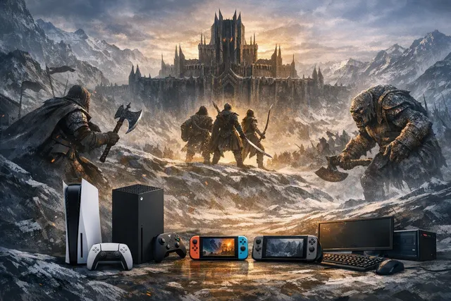 The Lord of the Rings: War in the North – Legacy Edition key art showing the three playable heroes Eradan, Andriel, and Farin standing back-to-back in a ruined Middle-earth landsca