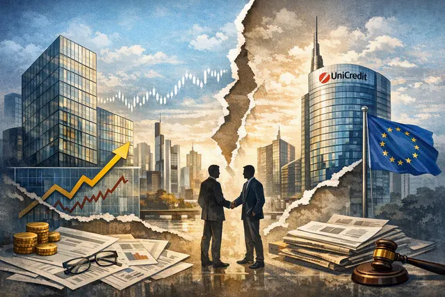 An abstract digital illustration of a stock market chart and bank logos, representing Commerzbank's quarterly earnings and the UniCredit takeover saga.