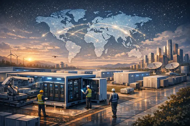Futuristic modular AI data center built from prefabricated power and cooling units