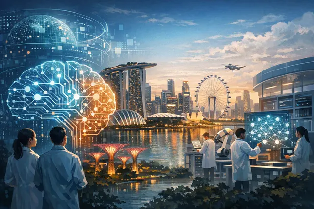 Illustration of Singapore’s AI ecosystem with research labs, company AI centres and connected digital infrastructure